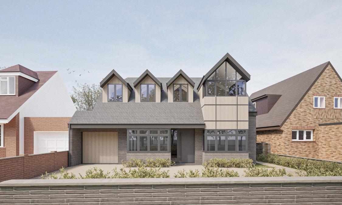 CGI image of new build, with Greenfield Projects, front elevation